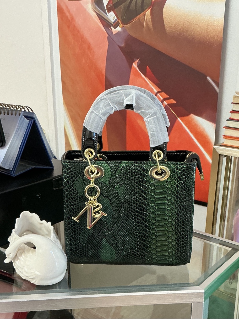 Green Snake-Embossed Tote with Gold Hardware